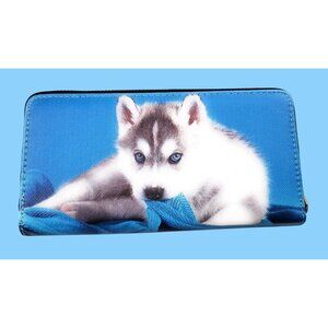 Zip Around Womens Wallet Husky Puppy Dog Blue Faux Leather Gift Dog Lover